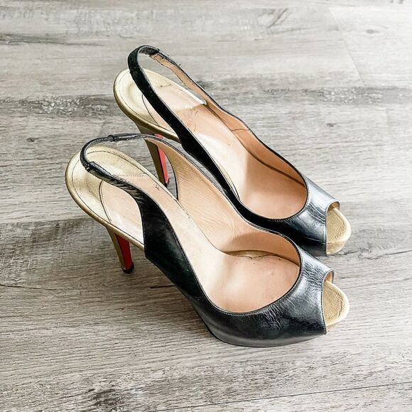 Christian Louboutin Black Gold Leather Slingback Peep Toe Pumps Size 39.5EU - Picture 11 of 13